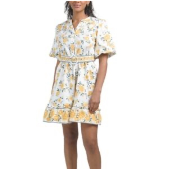 Joie Tiered Puff Sleeve Floral Yellow and White Dress with Belt 8 - Picture 12 of 14